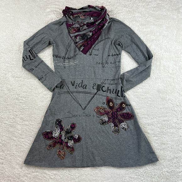 Desigual long sleeved cowl neck graphic print  fit and flare dress, size Med - L - Picture 3 of 11